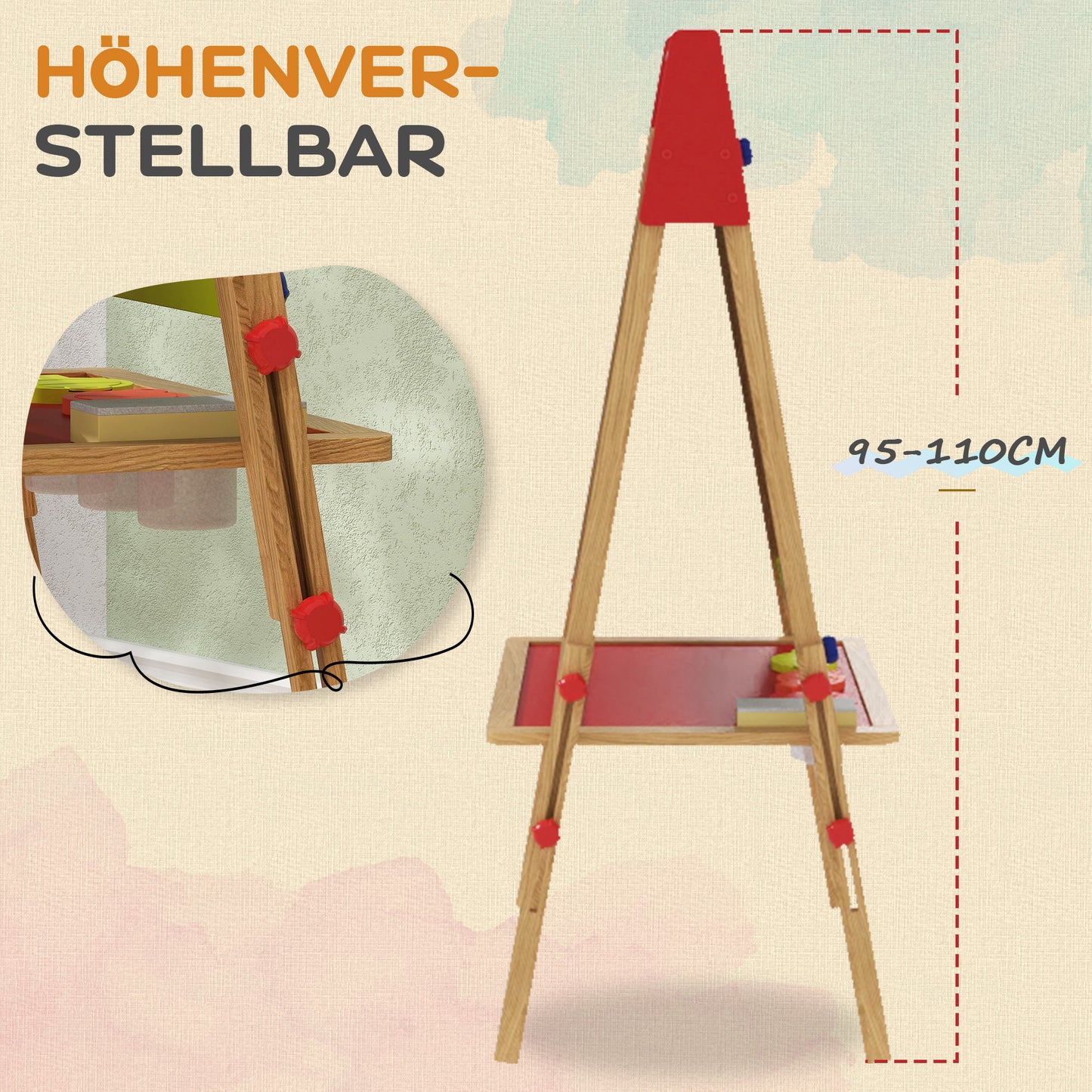 AIYAPLAY 3-in-1 Kindermalstaffelei, Kreidetafel, Whiteboard, Papierrolle, inklusive Zubehör, Kiefernholz, verstellbar