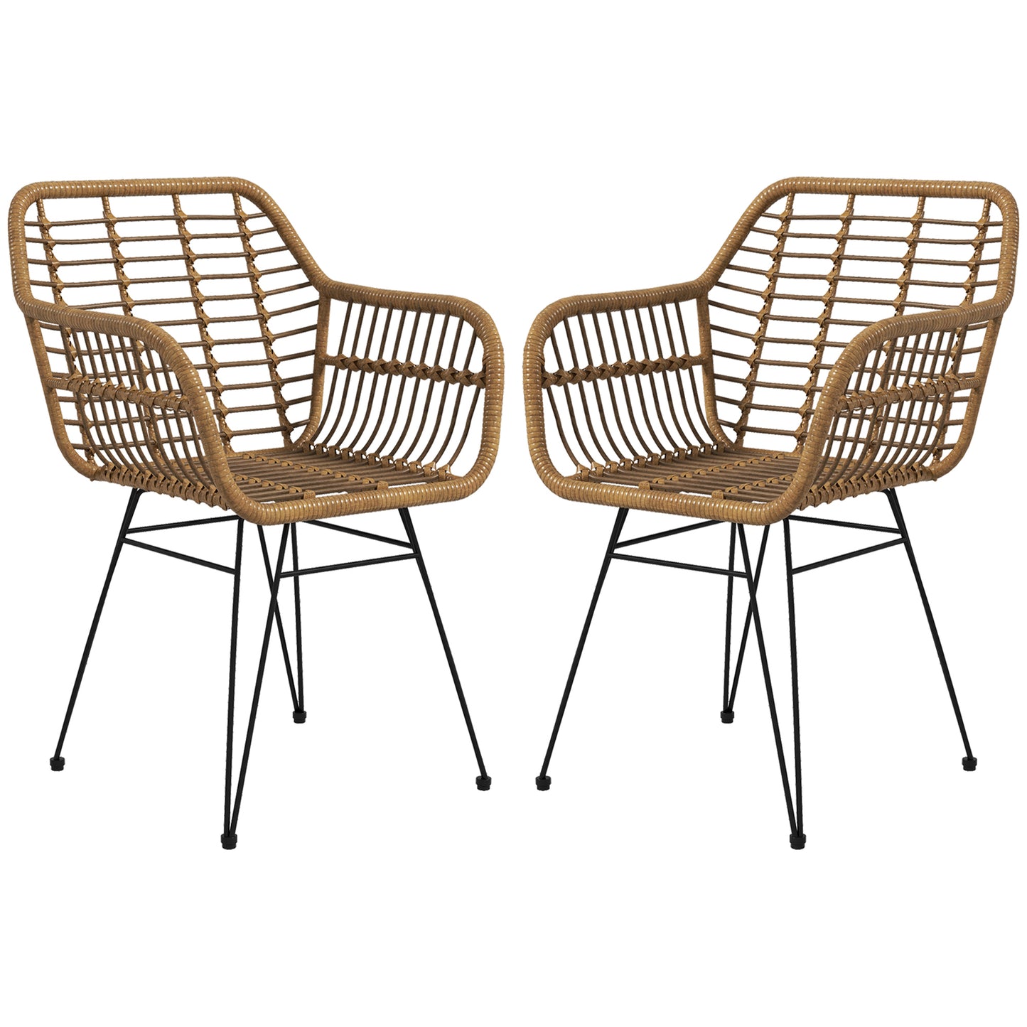 HOMCOM 2-er-Set Stühle im Boho-Stil, Küchenstühle, PE-Rattan, 56 x 60 x 79 cm, Natur + Schwarz