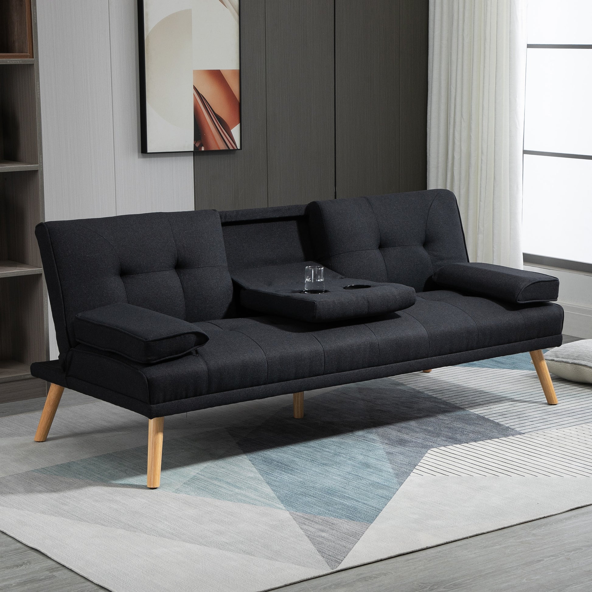 HOMCOM Schlafsofa, Gästebett, verstellbare Rückenlehne, klappbarer Tisch, 181x77x78 cm, Schwarz