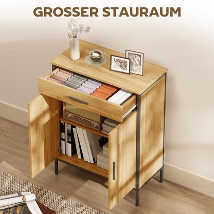 HOMCOM Badezimmerschrank, zweistufige Regale, große Schublade, Industriestil, Eichenoptik