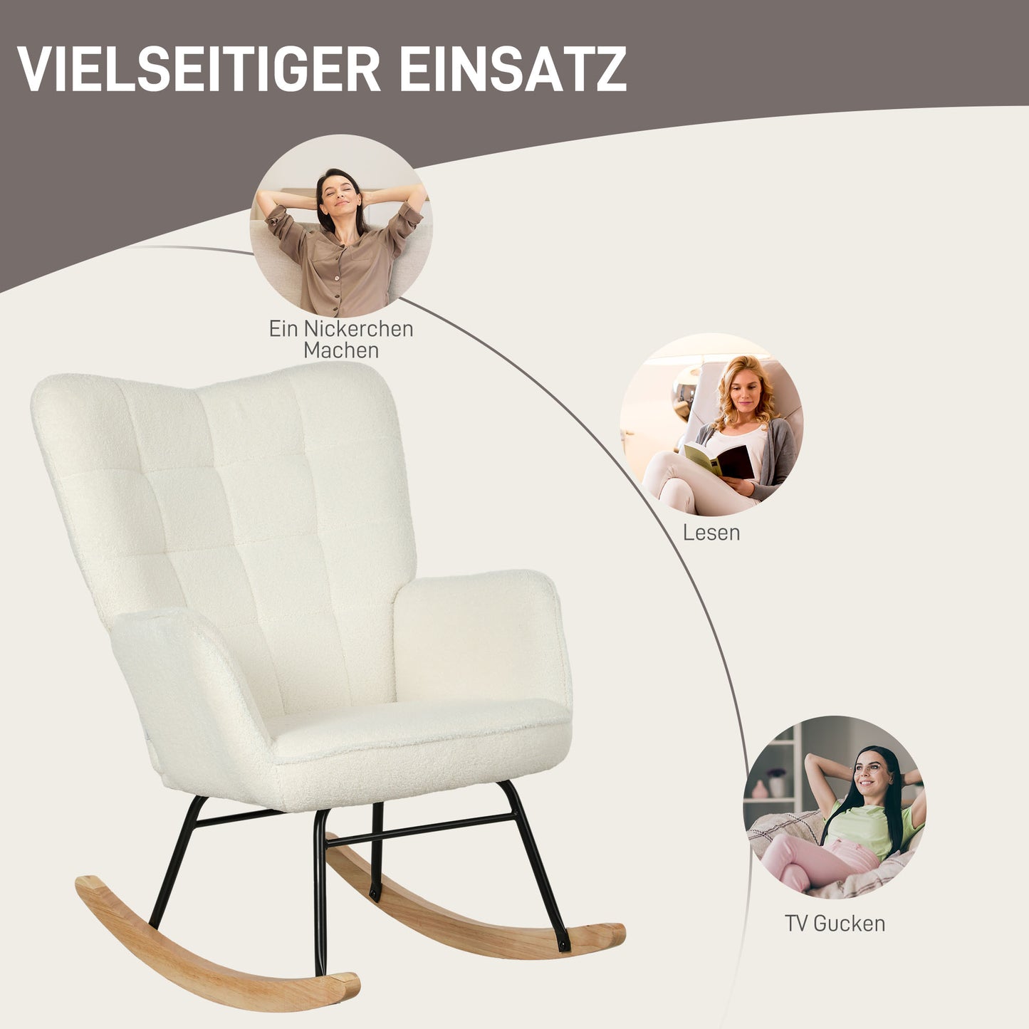 HOMCOM Schaukelstuhl in Vliesoptik mit Armlehnen, Ergonomischer Sessel mit Holzkufen, für Wohnzimmer, Schlafzimmer, Weiß