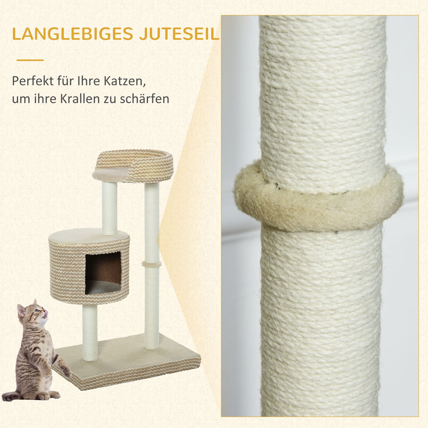 PawHut Katzenbaum Kratzbaum Kletterbaum Katzenkratzbaum, kuschelige Aussichtsplattformen, beige und kaffee, Spanplatte, Plüsch, Jute, 61x41x96 cm