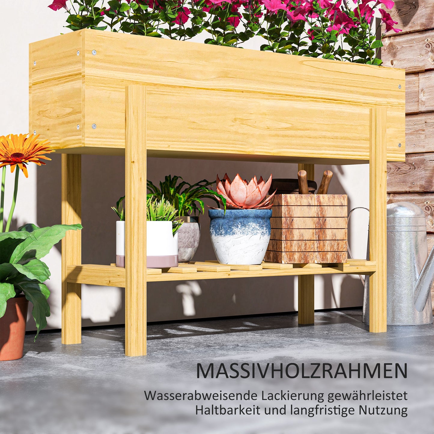 Outsunny Blumenkasten mit unterem Regal, Holzbeet mit Vlies-Auskleidung und Entwässerungslöchern, 100 x 30 x 70,5 cm, Naturholz