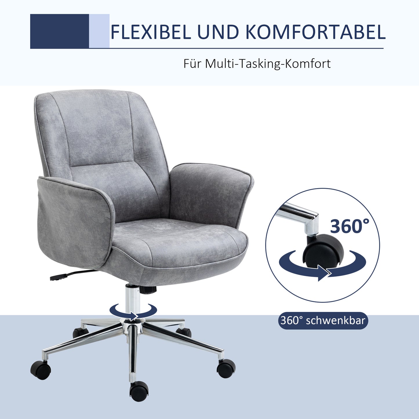 Vinsetto Bürostuhl mit Wippfunktion Schreibtischstuhl höhenverstellbarer Drehstuhl ergonomischer Arbeitsstuhl modern Belastbar bis 120 kg Mikrofaser Hellgrau 67 x 69 x 92-102 cm