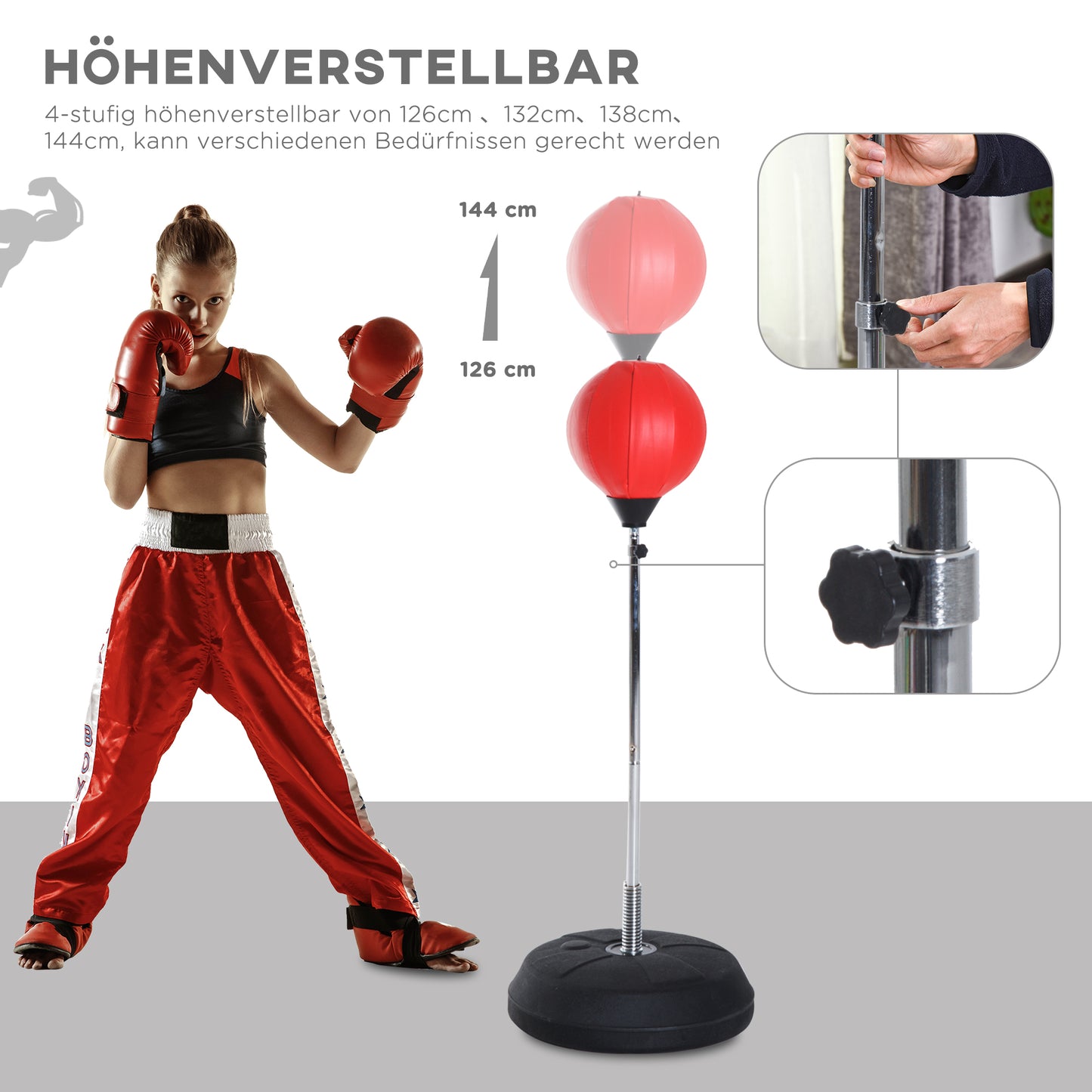 HOMCOM Box-Set mit Punchingball, höhenverstellbar, inkl. Boxhandschuhe, 126-144cm, Rot