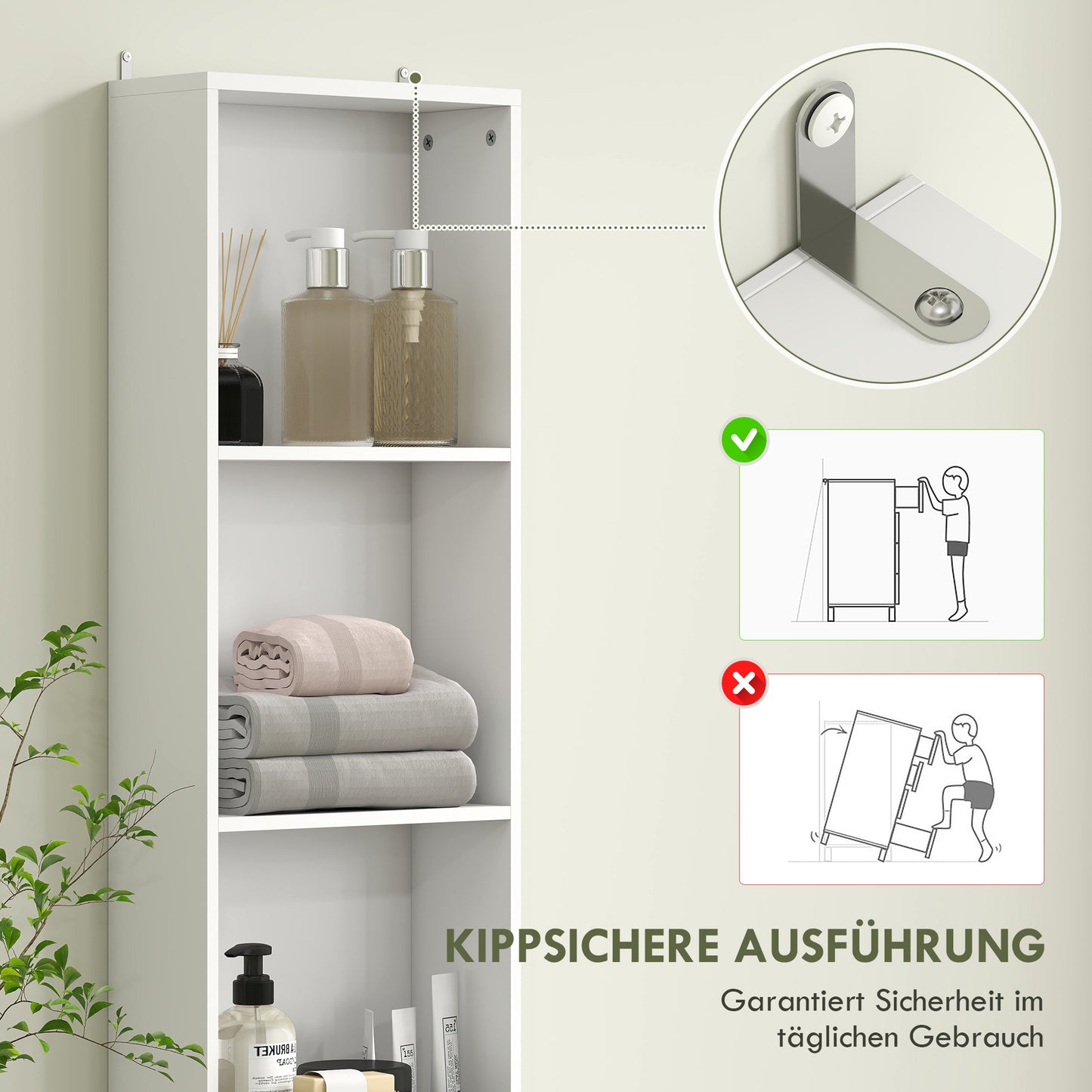 HOMCOM Hoher Badezimmerschrank, schmales Design, Schublade, Regale, Schrank, Spanplatte, Weiß
