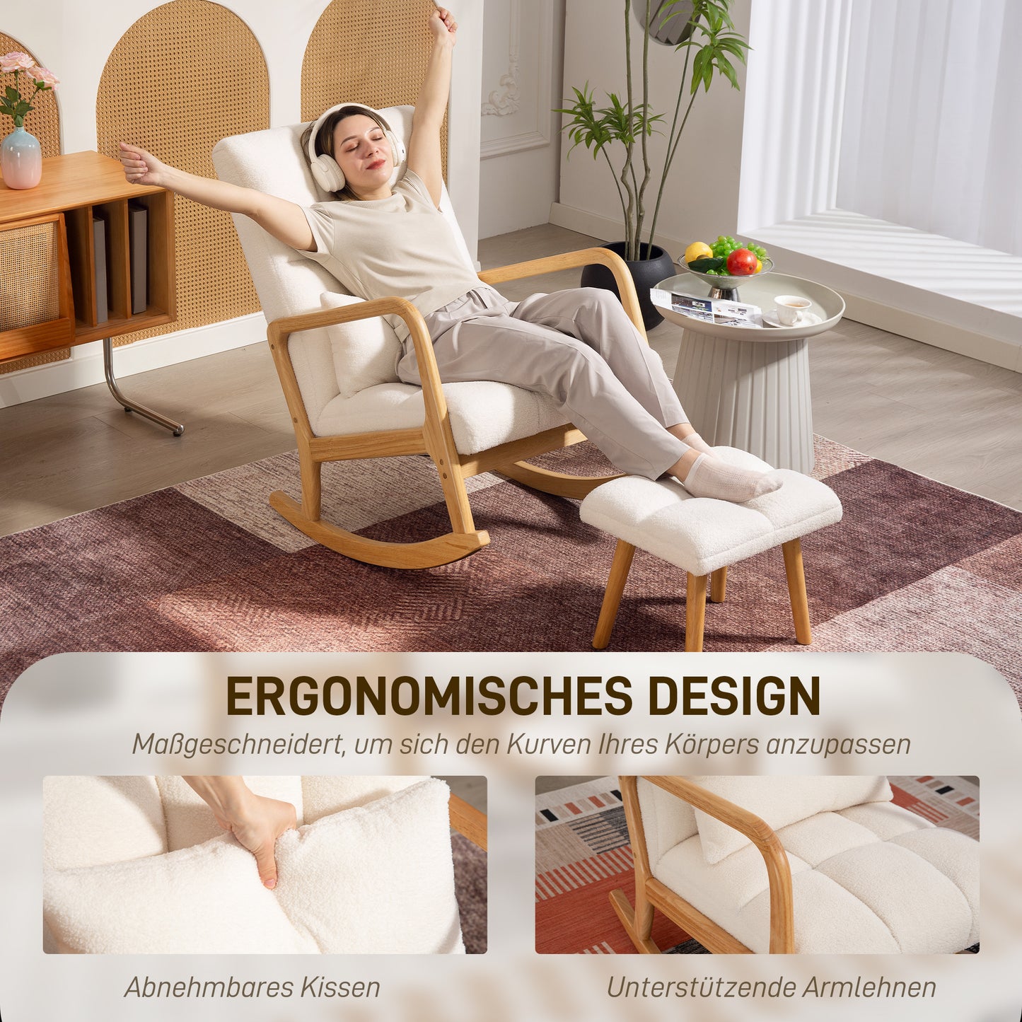 HOMCOM Schaukelstuhl mit Fußhocker, Fleece-Bezug, Hohe Rückenlehne, Holzbeine, Fußpads, Weiß