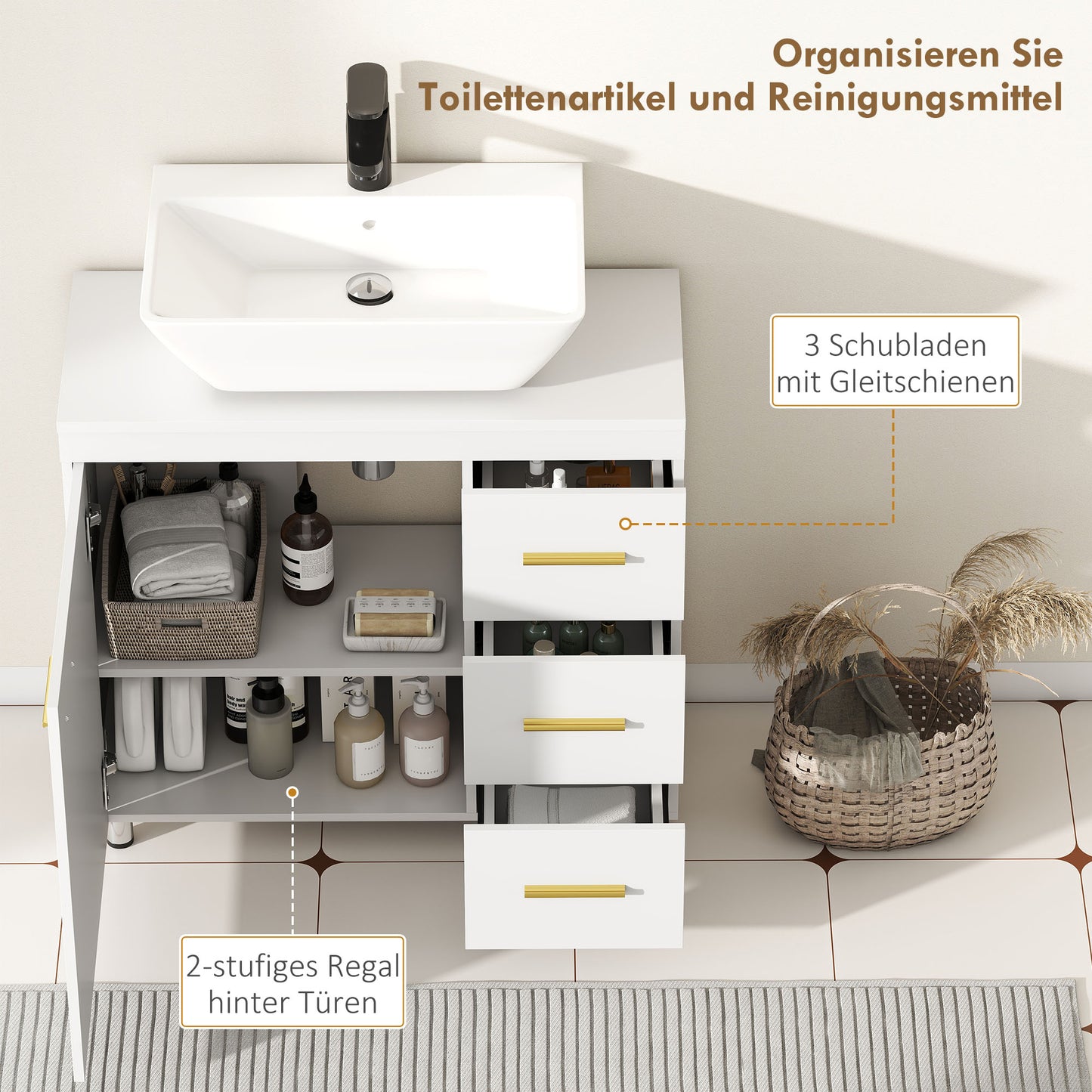HOMCOM Badezimmer-Unterschrank, 3-stufiges Design, MDF, Spanplatte, Weiß
