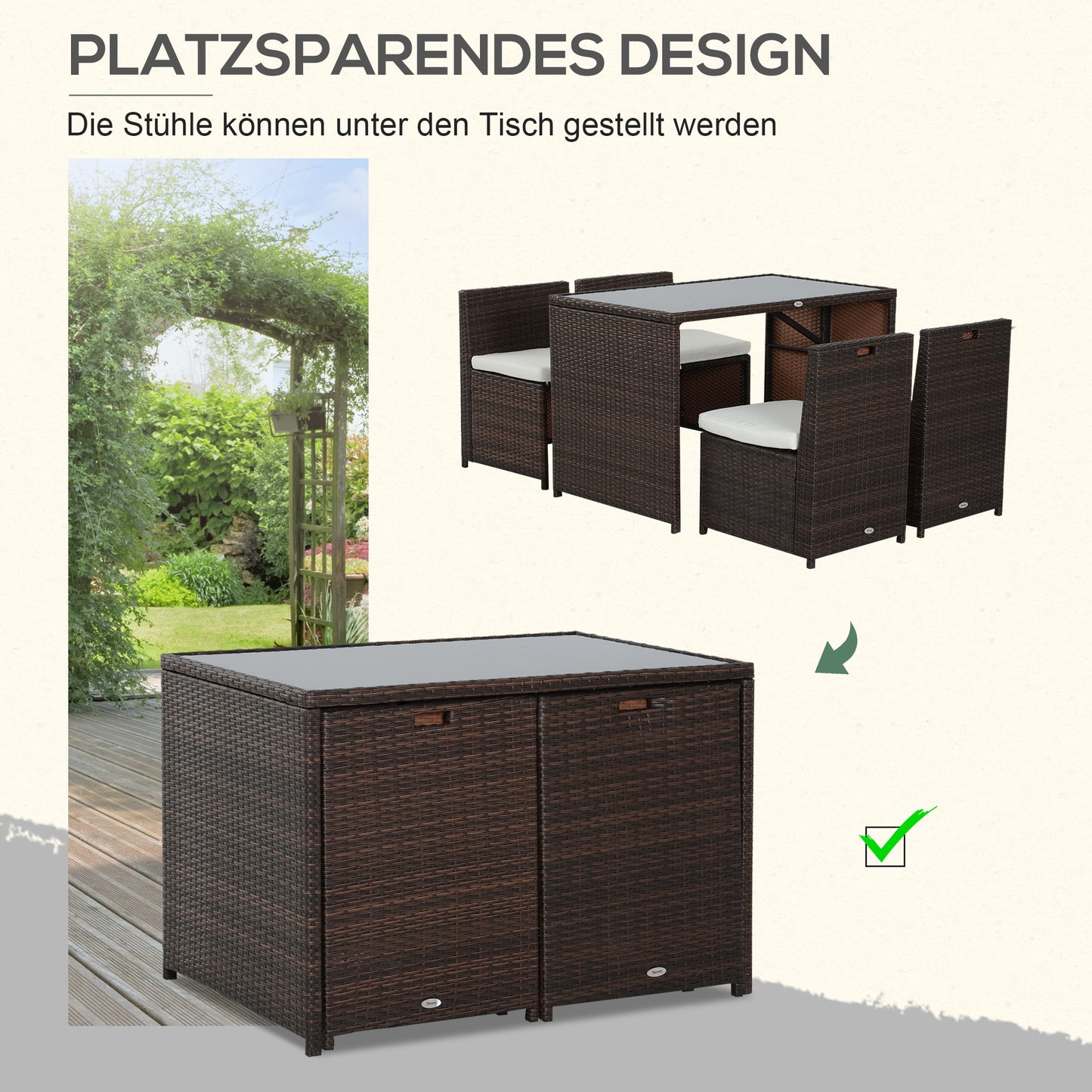 Outsunny 5-teiliges Polyrattan Gartenmöbel-Set, wetterfest Balkonmöbel für 4 Personen Terrassenmöbel mit Tisch 4 Stühle Kissen, Lounge-Set Essgruppe Sitzgruppe für Balkon, Garten, Braun+Khaki