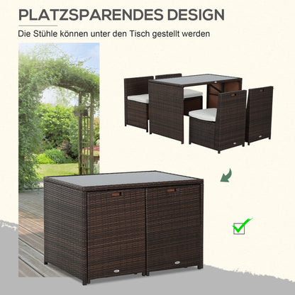 Outsunny 5-teiliges Polyrattan Gartenmöbel-Set, wetterfest Balkonmöbel für 4 Personen Terrassenmöbel mit Tisch 4 Stühle Kissen, Lounge-Set Essgruppe Sitzgruppe für Balkon, Garten, Braun+Khaki