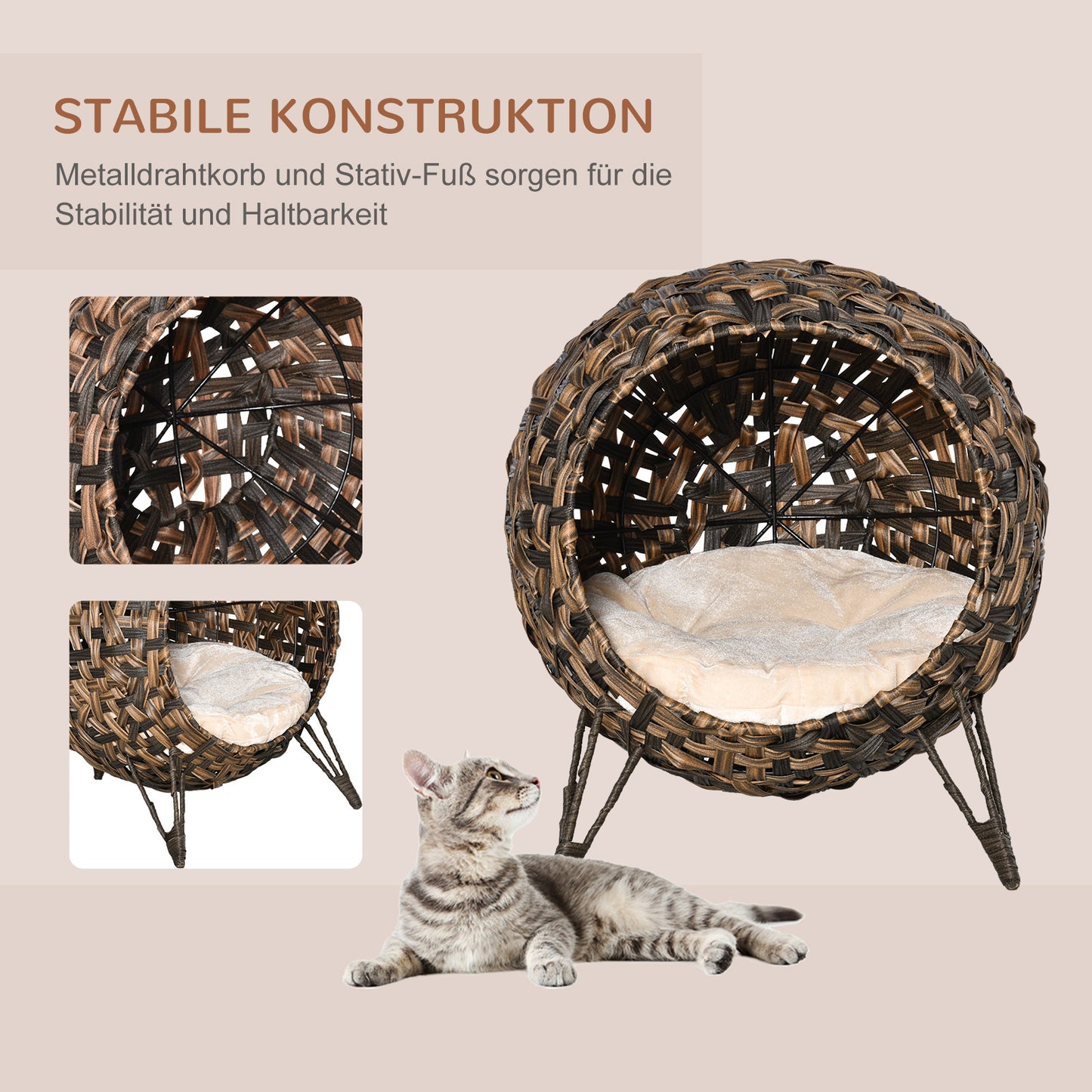 PawHut Katzenhaus från Rattan mit Kissen Katzenschlafplatz Katzenhöhle mit erhöhten Füßen Braun Ø52 x 58 cm