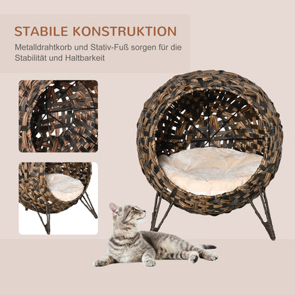 PawHut Katzenhaus från Rattan mit Kissen Katzenschlafplatz Katzenhöhle mit erhöhten Füßen Braun Ø52 x 58 cm