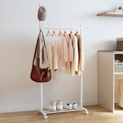 HOMCOM Kleiderständer mit Rolle, mobiler Garderobenständer mit Kleiderstange, 5 Haken, Schuhregal Weiß