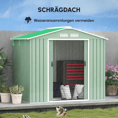 Outsunny Gartenschuppen, 2 Schiebetüren, Lüftungsfenster, Bodenrahmen, rostfrei, Stahl, hellgrün, 2,13 x 1,30 x 1,85 m