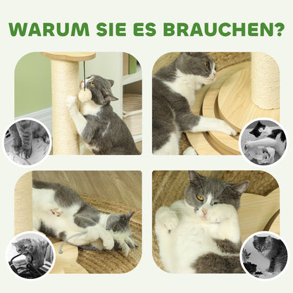 PawHut Katzenkratzbaum, 69 cm, Sisal-Kratzpfosten, Kugelbahn, Spielball, Spielfeder, 4-in-1-Design, Cremeweiß