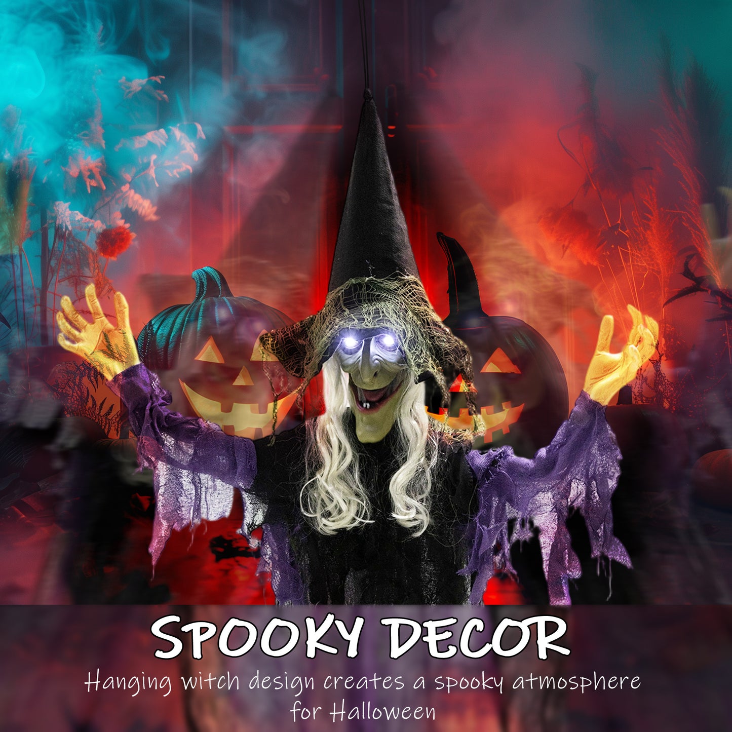 Outsunny 183cm Halloween Dekoration Hängende Halloween Hexe mit LED-Lichter, Soundfunktion verstellbare Arme, Mund