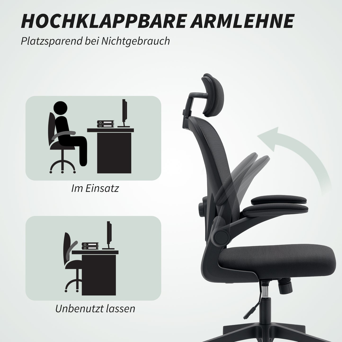 HOMCOM Bürostuhl Ergonomischer Schreibtischstuhl mit Hochklappbaren Armlehnen, Verstellbarer Lendenwirbelstütze Schwarz