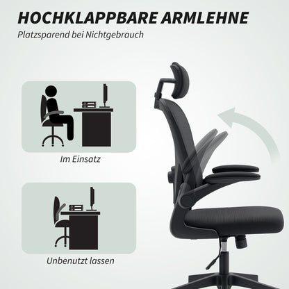 HOMCOM Bürostuhl Ergonomischer Schreibtischstuhl mit Hochklappbaren Armlehnen, Verstellbarer Lendenwirbelstütze Schwarz