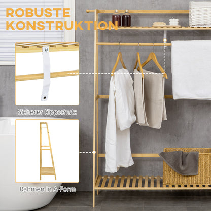 HOMCOM Kleiderständer aus Bambus, 2 Kleiderhaken, Kleiderstange, 2 Ablagen, 114 x 40 x 139 cm