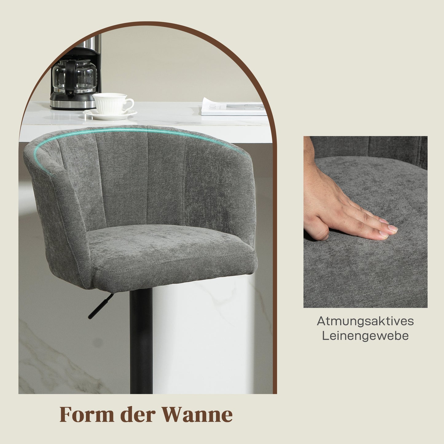 HOMCOM Barhocker 2er-Set, Schalenrücken, höhenverstellbar, Fußstütze, für Küche oder Esszimmer, Metallbasis, Dunkelgrau