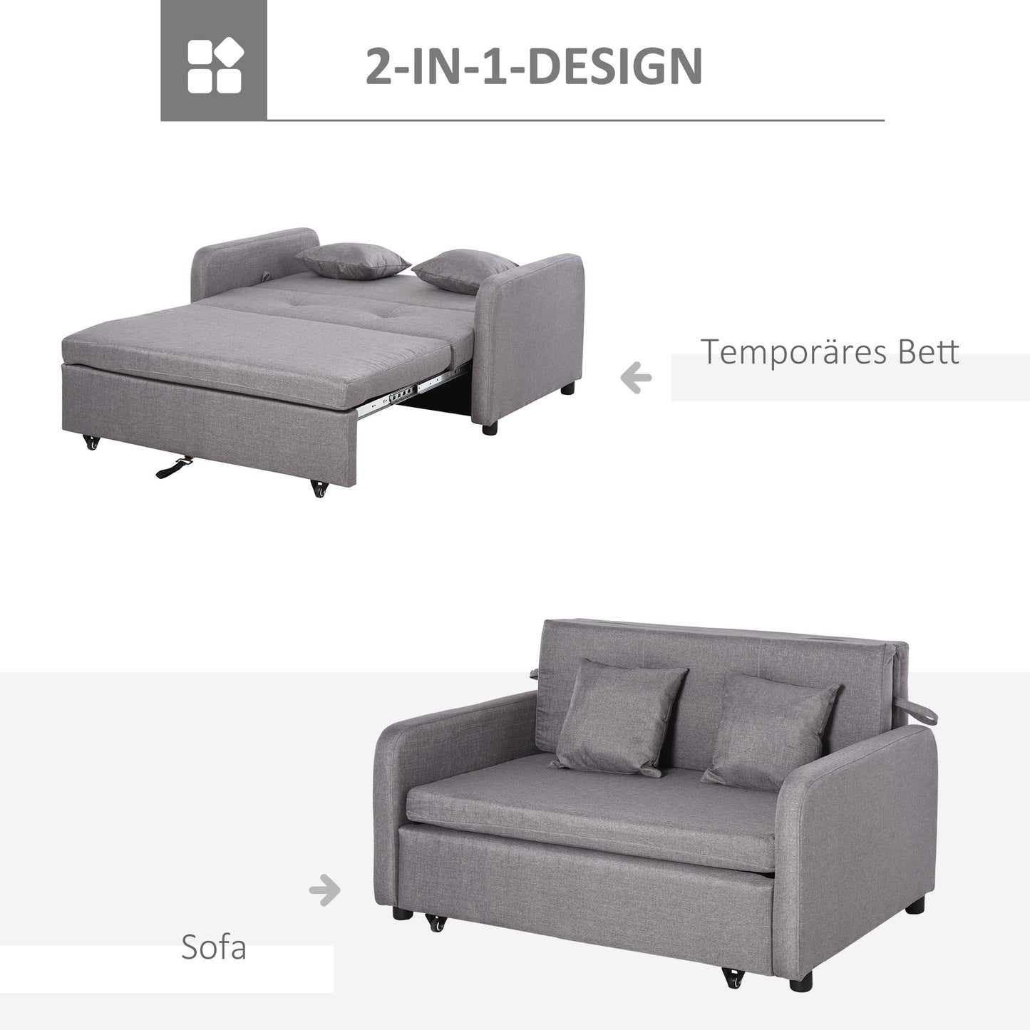 HOMCOM Schlafsofa für 2 Personen, mit Stauraum, leichter Umbau, flexibles Design, Grau