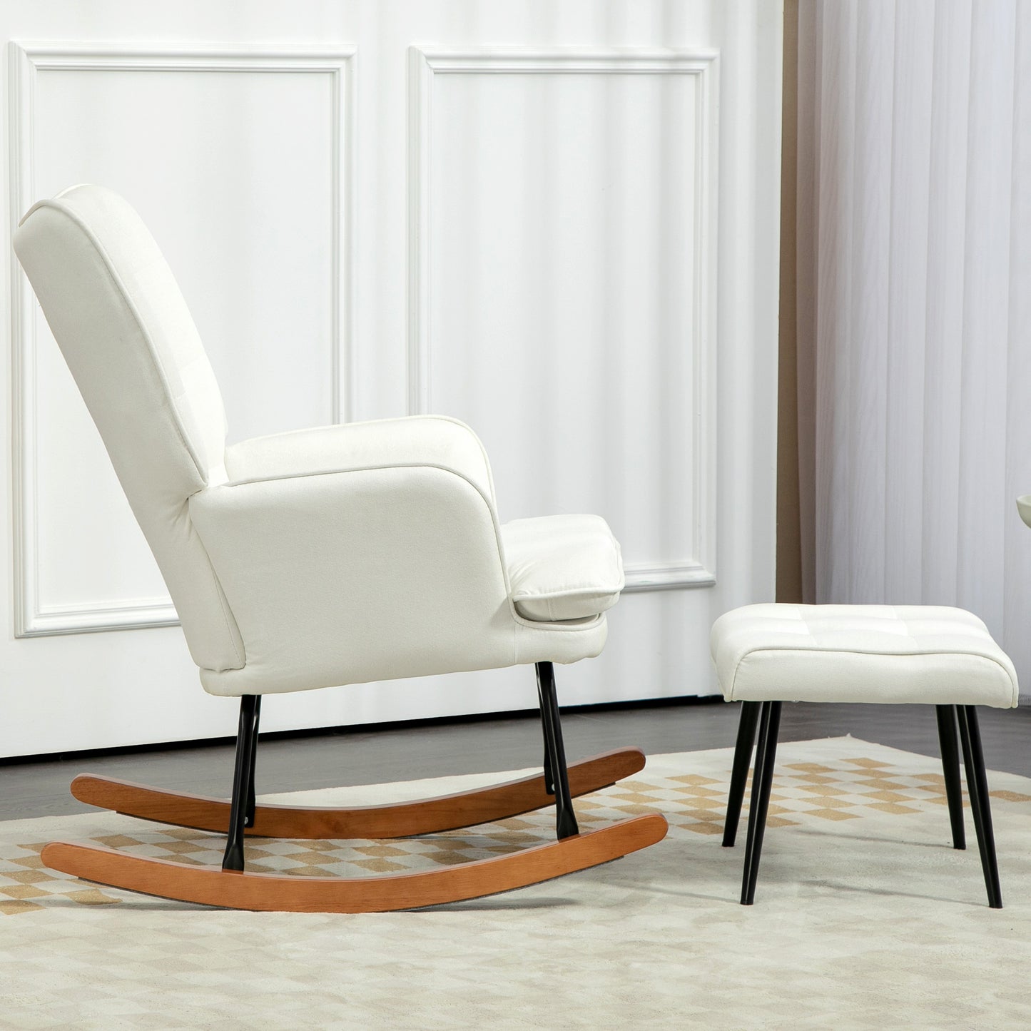 HOMCOM Schaukelstuhl mit Hocker, sanftes Schaukelsystem, Leinenimitat, 64 x 89 x 90 cm, Cremeweiß