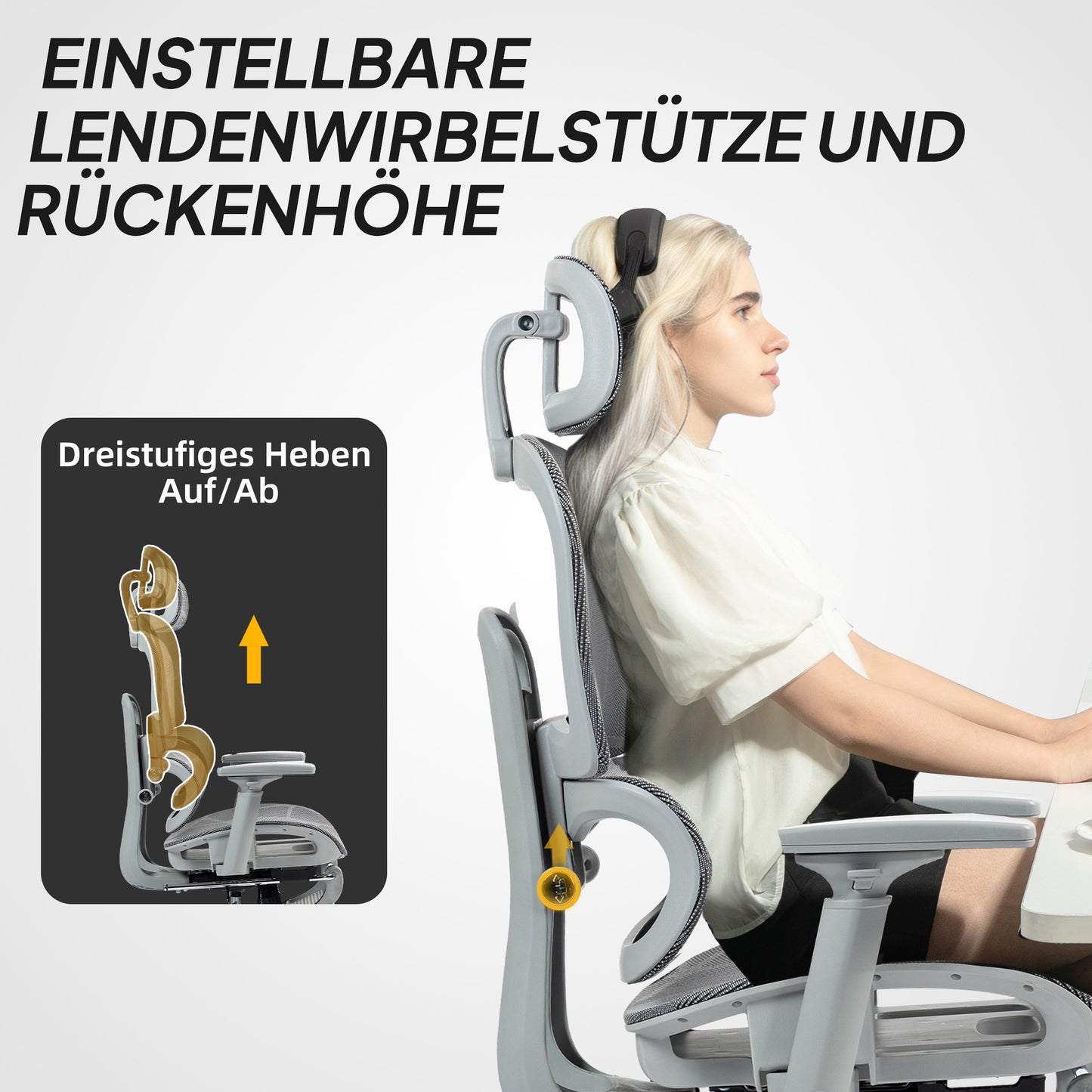 HOMCOM Bürostuhl, Ergonomischer Schreibtischstuhl mit Netzstoffbezug, verstellbar, rollbar, mit Armlehnen, Kopfstütze, Grau