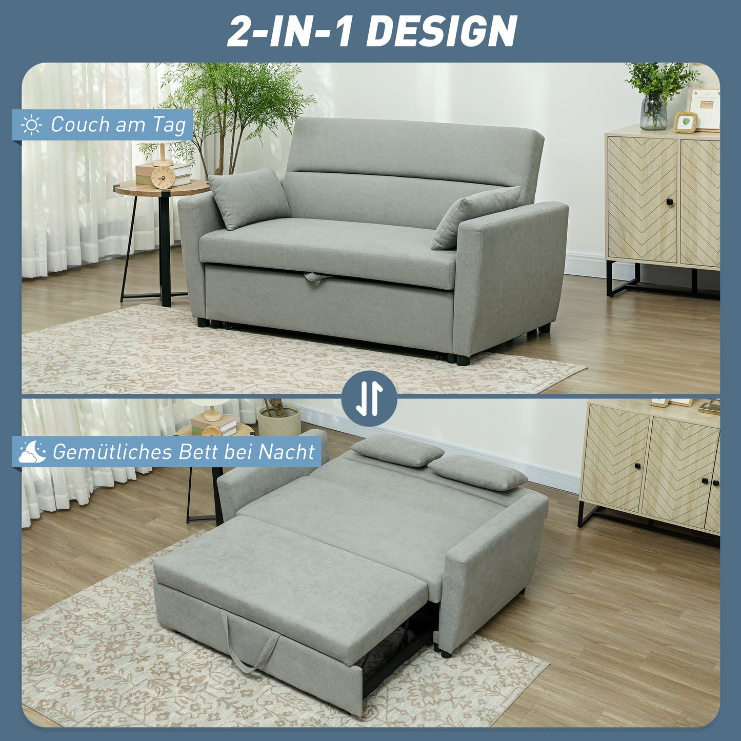 HOMCOM 2-Sitzer Sofa mit Bettfunktion, Verstellbarer Rückenlehne, Polstersofa, Samtoptik, für Wohnzimmer, Schlafzimmer, Hellgrau
