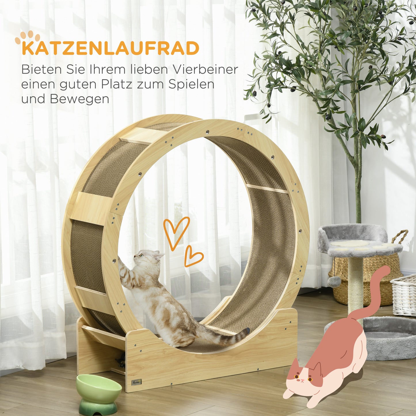 PawHut Katzenlaufrad 91 cm Katzenrad 91 cm mit Bremse, Kratzbrett, Eiche