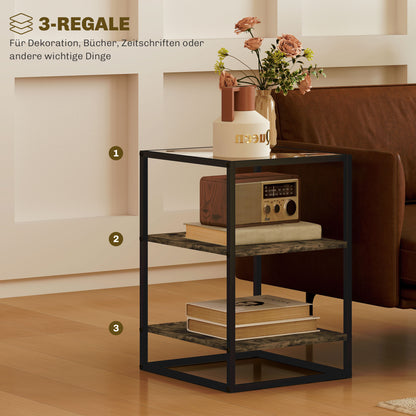 HOMCOM 2er-Set Beistelltische mit Glasplatte, 3-stufiges Design, Metallrahmen, für Wohnzimmer, Schlafzimmer, Braun