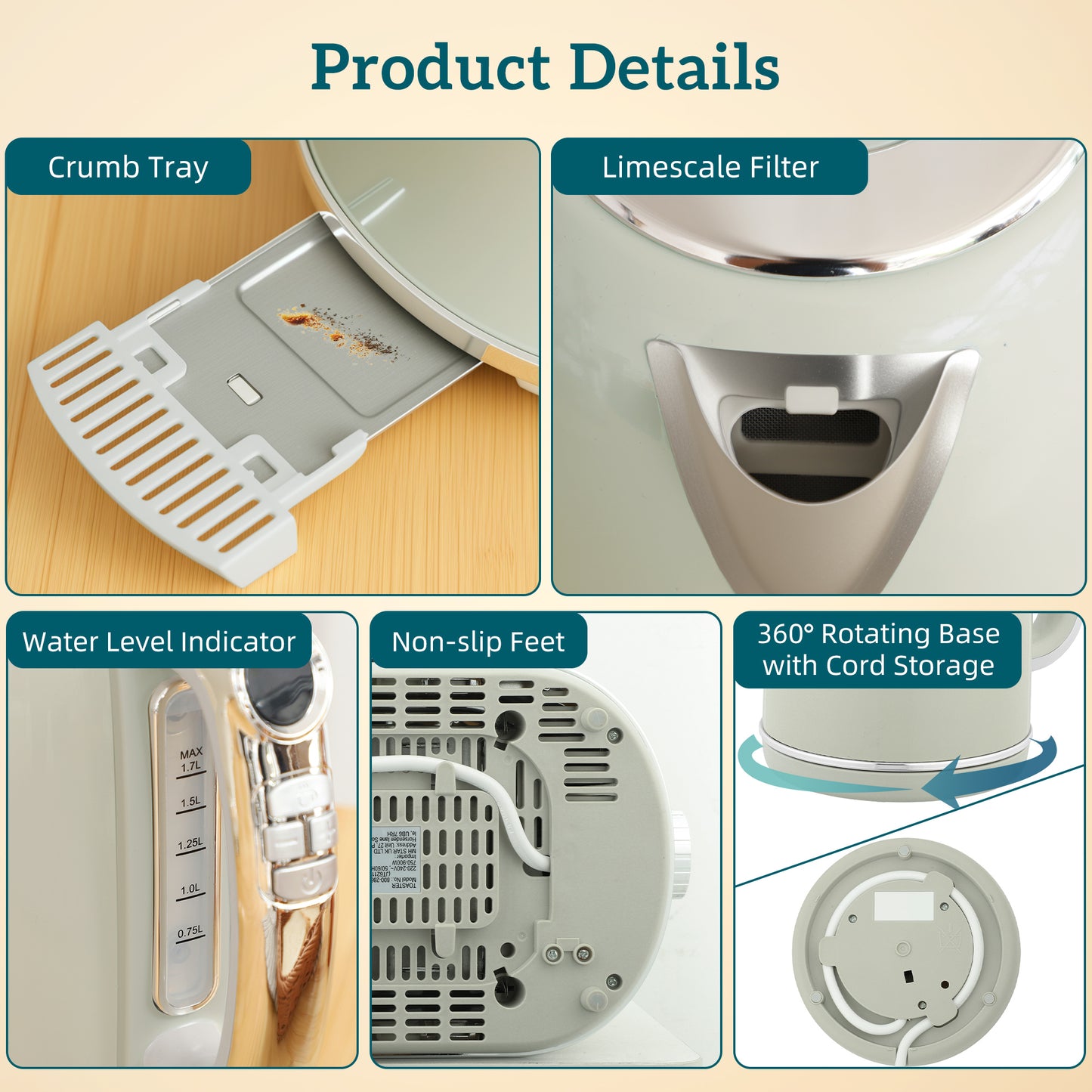 HOMCOM Wasserkocher- und Toaster-Set, LED-Anzeige, 1,7 Liter, 2200W, Retro-Design, Memory-Funktion, Grau