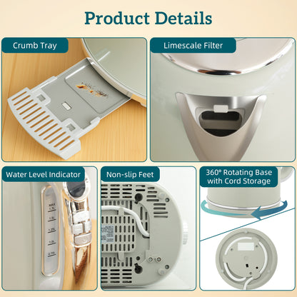 HOMCOM Wasserkocher- und Toaster-Set, LED-Anzeige, 1,7 Liter, 2200W, Retro-Design, Memory-Funktion, Grau