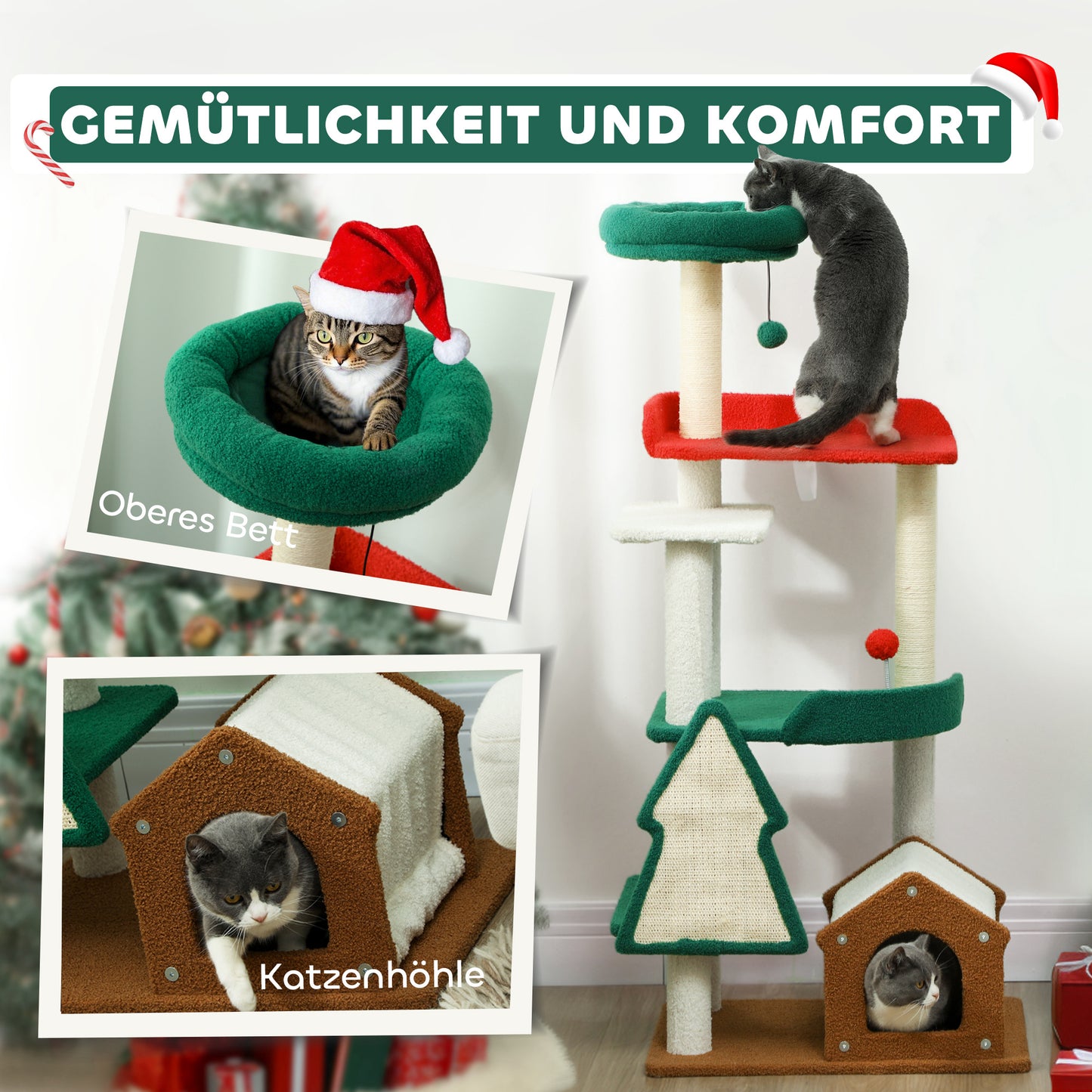 PawHut 135 cm Katzenkratzbaum i Weihnachtsfarben mit Katzenbett, Katzenhaus, Kratzpfosten, Sprungplattformen, Spielzeugbällen