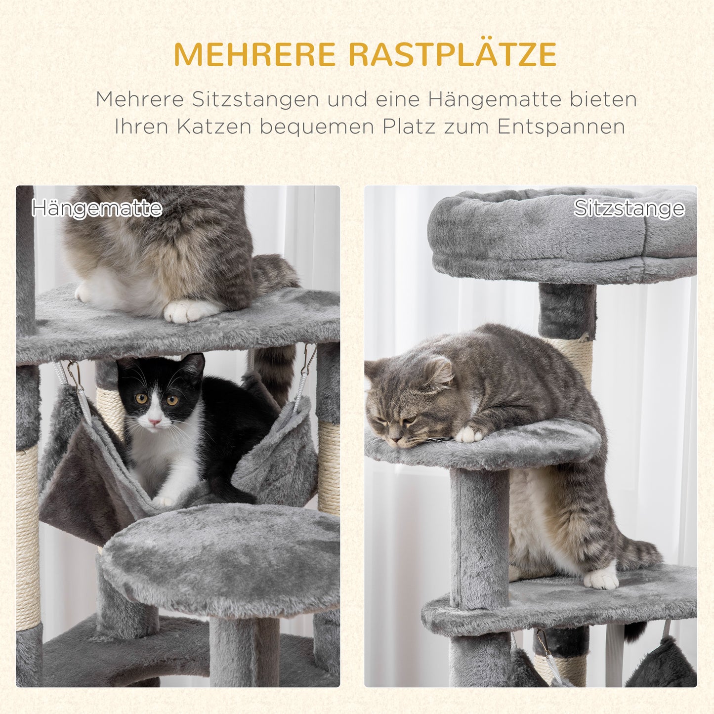 PawHut Katzenbaum Katzenkratzbaum Katzenspielturm Katzen Kletterbaum Kratzbaum Hängematte Grau L40 x B40 x H132 cm