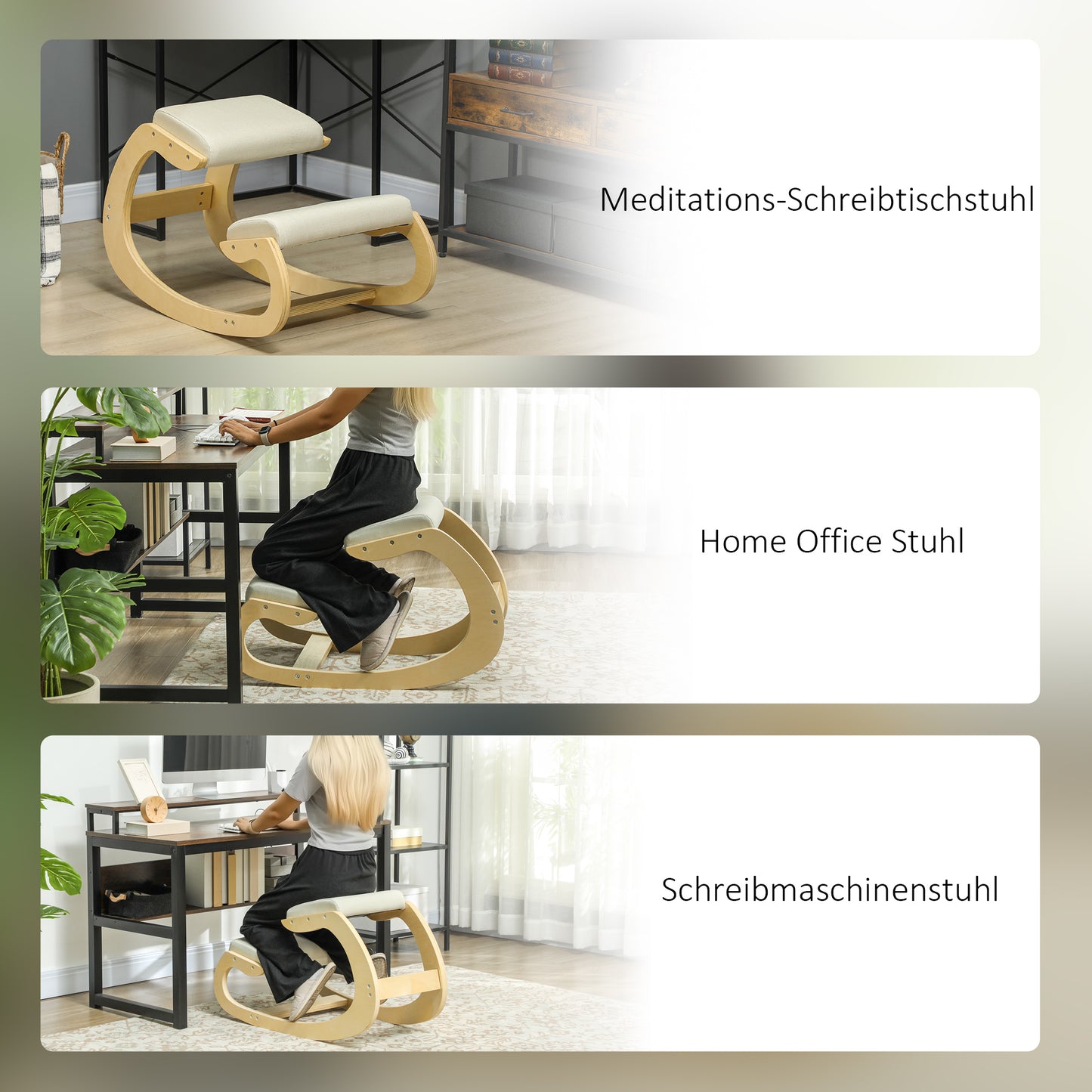 HOMCOM Ergonomischer, schaukelnder Kniehocker für Homeoffice, zur Verbesserung der Körperhaltung, Creme
