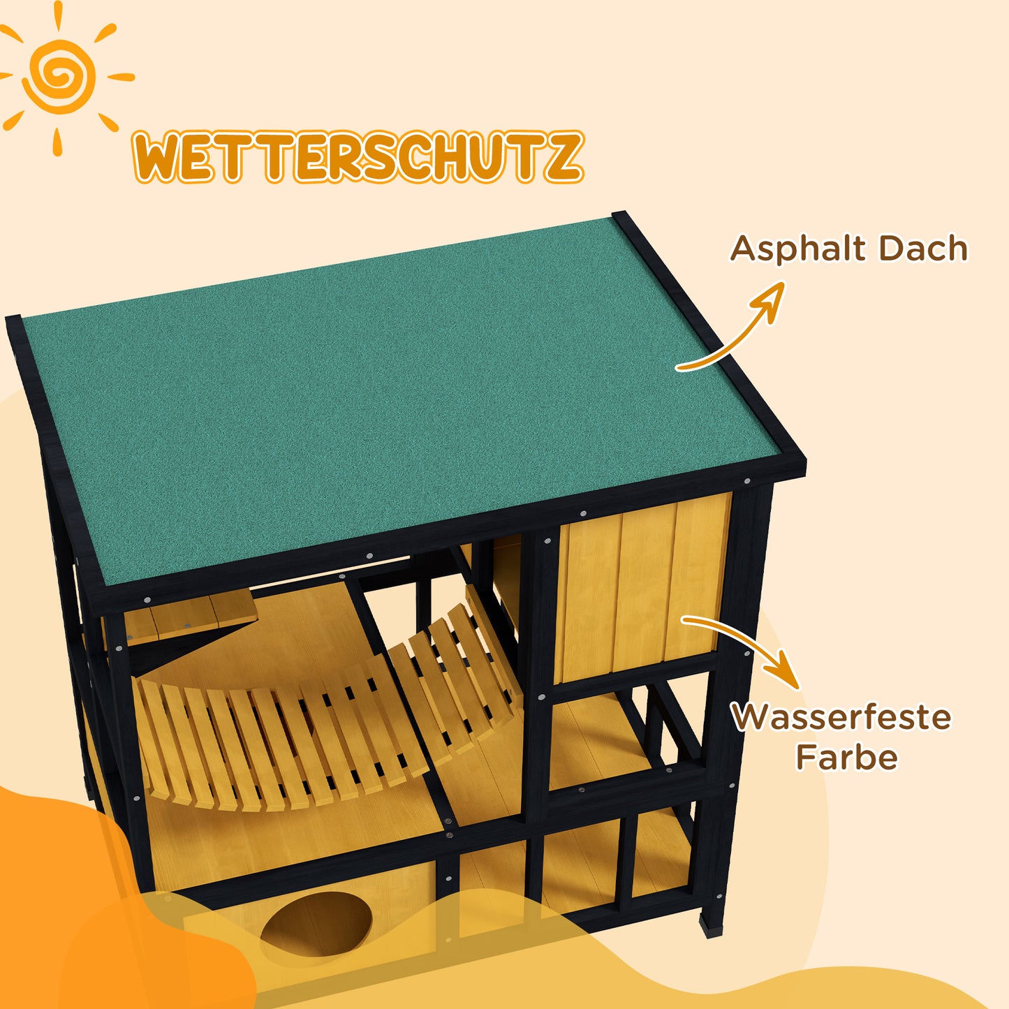 PawHut Katzenhaus Katzenhütte Katzenhöhle, wetterbeständig, 1 Rampe, 1 Plattform, 84,5 x 60 x 88 cm, Grün + Natur