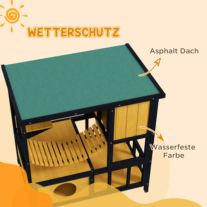 PawHut Katzenhaus Katzenhütte Katzenhöhle, wetterbeständig, 1 Rampe, 1 Plattform, 84,5 x 60 x 88 cm, Grün + Natur