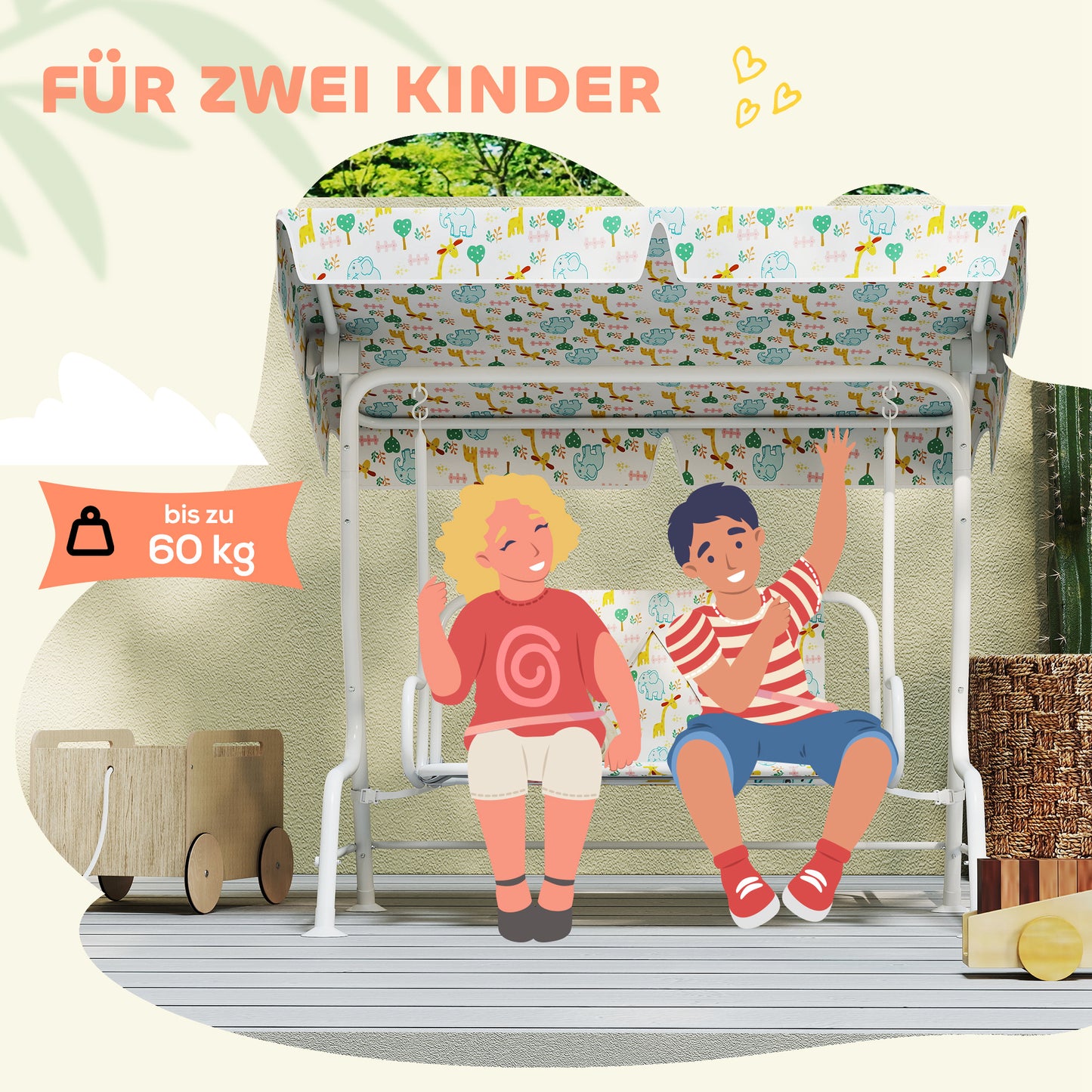 AIYAPLAY Hollywoodschaukel für Kinder, Stahlrahmen, 2-Sitzer, 60 kg belastbar, Weiß