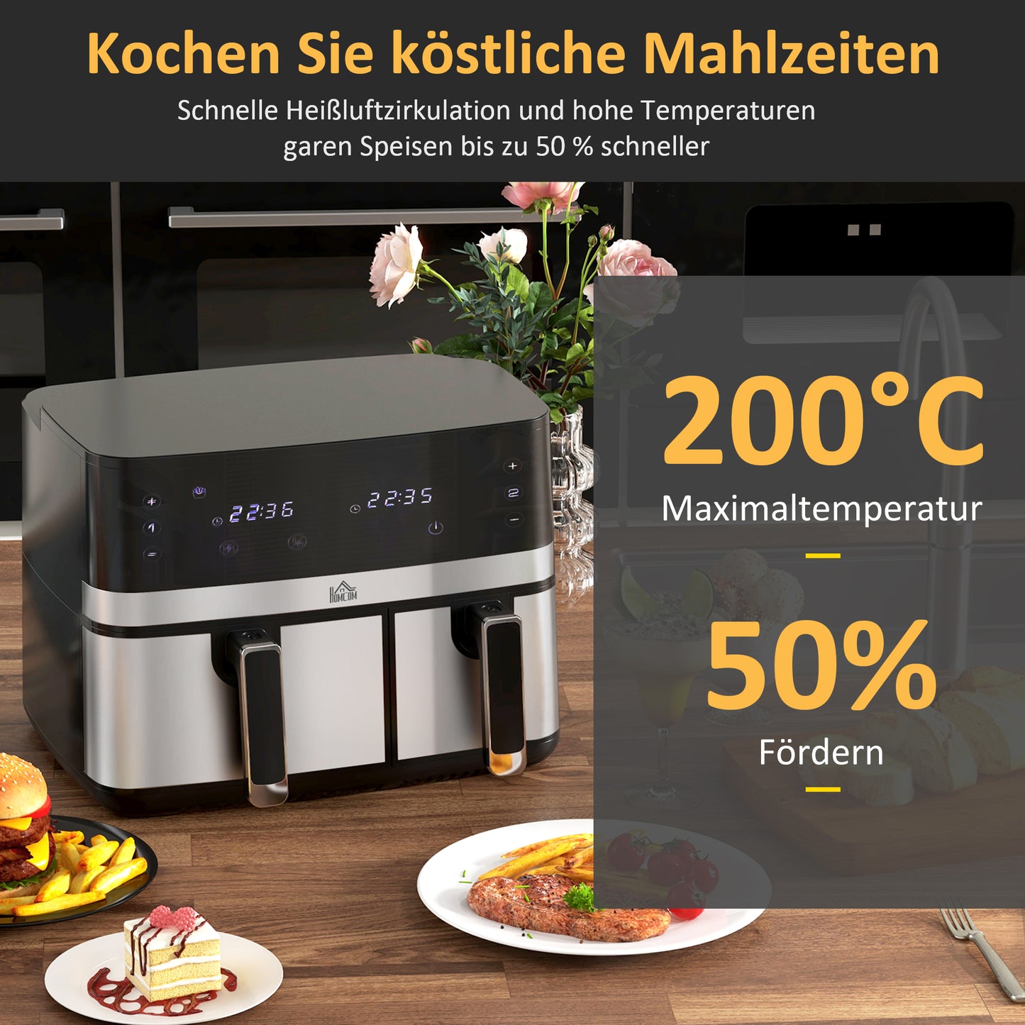HOMCOM Heißluftfriteuse Friteuse, 2700 W, 8 Einstellungen, 41,8 cm x 39,2 cm x 31,1 cm, Schwarz + Silber