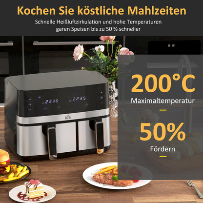 HOMCOM Heißluftfriteuse Friteuse, 2700 W, 8 Einstellungen, 41,8 cm x 39,2 cm x 31,1 cm, Schwarz + Silber