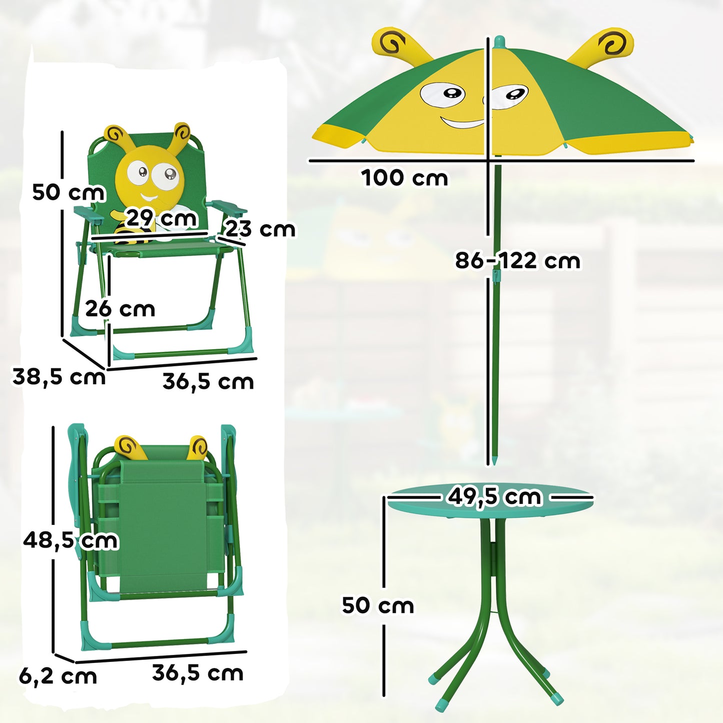 AIYAPLAY Gartenmöbel-Set für Kinder, Stühle, Tisch, Sonnenschirm, Bienen-Design, Grün+Gelb