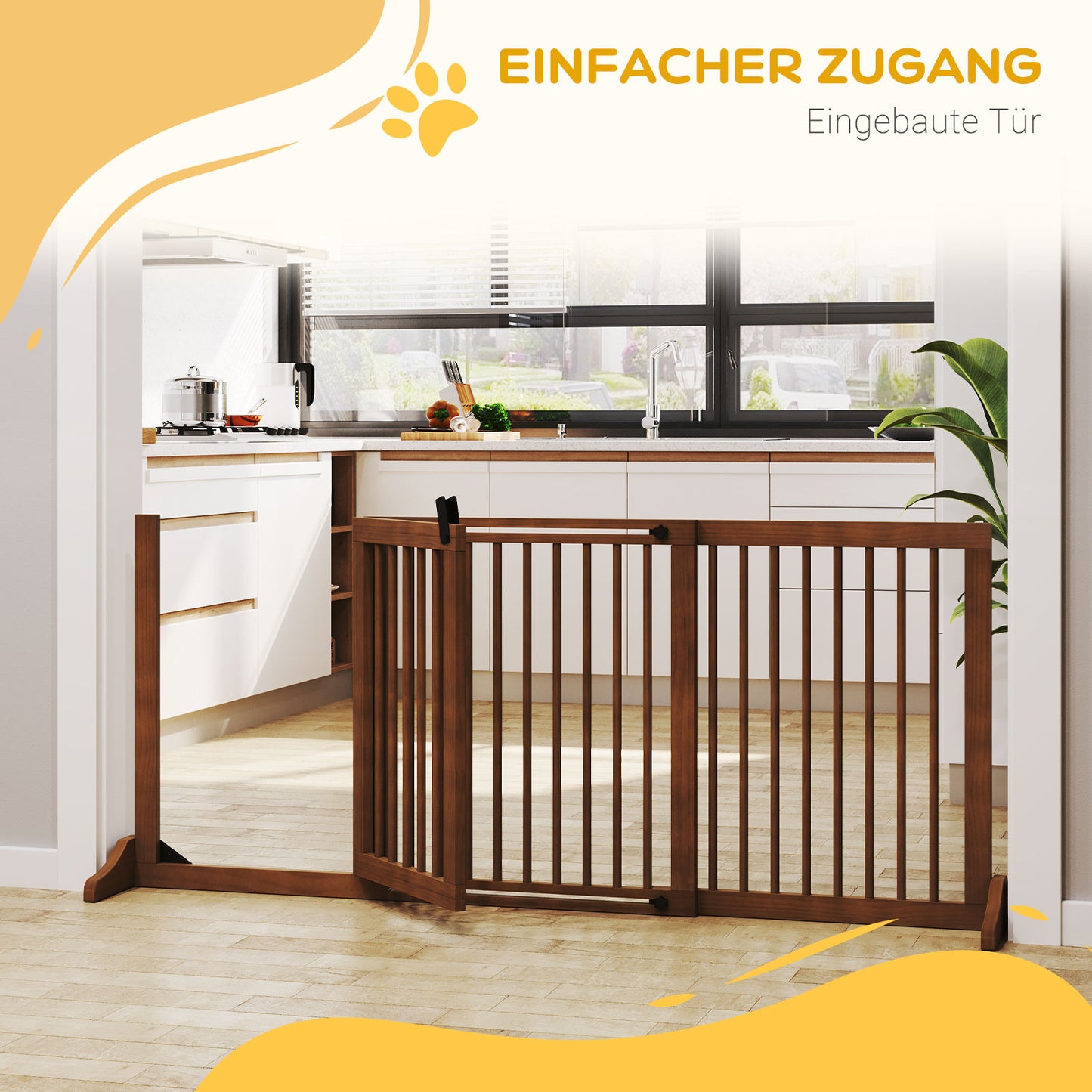 PawHut Absperrgitter Hunde Türschutzgitter Schutzgitter aus Holz Freistehendes Hundegitter mit Tür Hundeabsperrgitter Konfigurationsgitter för Kamin &amp; Ofen Braun 113-166 x 36 x 71 cm