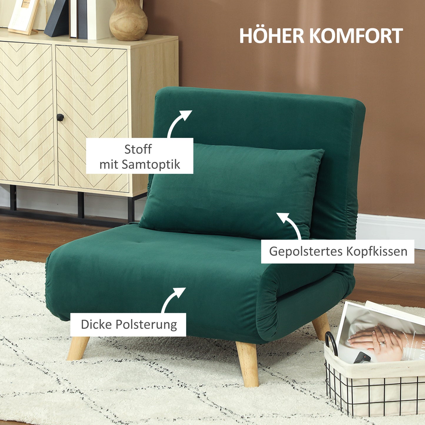 HOMCOM Klappsessel mit Bettfunktion, Klappbarer Relaxsessel in Samtoptik, Verstellbare Lehne, bis 120 kg belastbar, Dunkelgrün