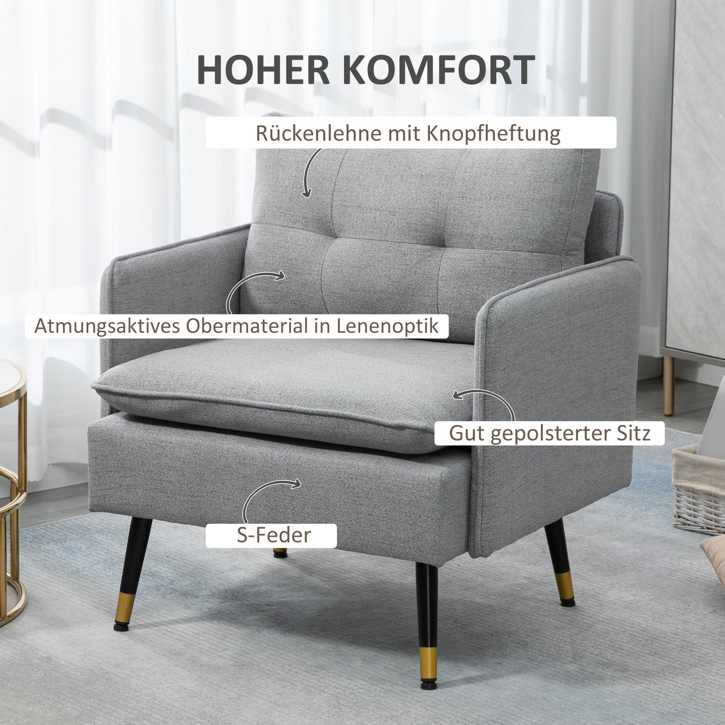 HOMCOM Akzentsessel mit Knopfheftung, Polstersessel, abnehmbare Polster, Schwarz + Gold + Grau