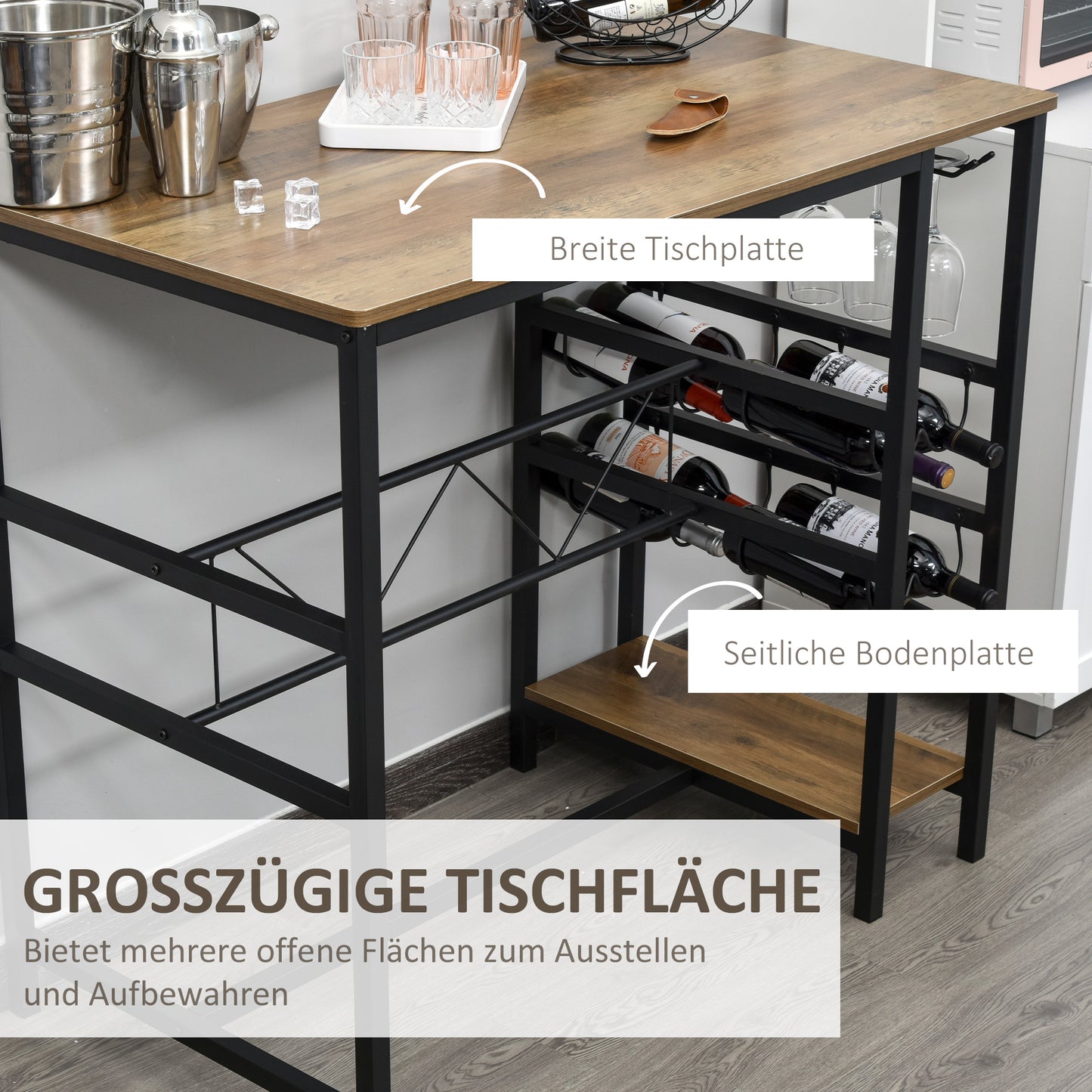 HOMCOM Bartisch-Set, Stehtisch mit 2 Barhockern, 3-teiliges Tischset Küchentresen mit Flaschenhalterung Spanplatte, Stahl, Natur+Schwarz, 108 x 60x 95H cm