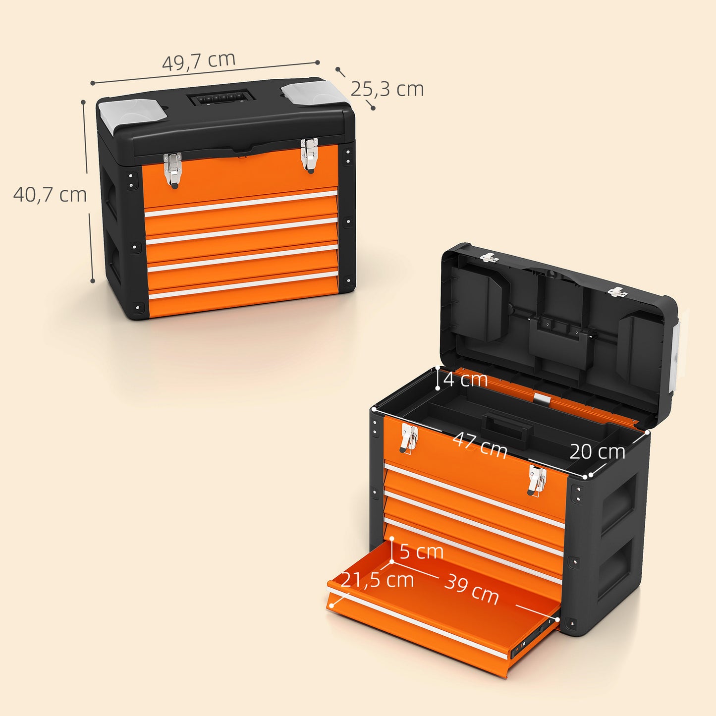 HOMCOM Werkzeugkiste leer, 49,7 x 25,3 x 40,7 cm Werkzeugkasten mit 4 Schubladen, Mini-Box Stahl Orange