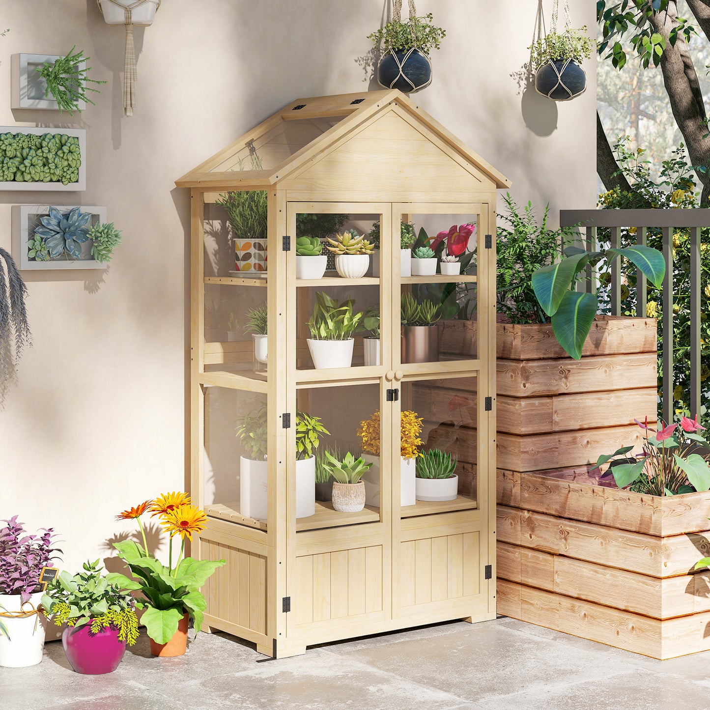 Outsunny Gewächshaus, mit Regal, Dachfenster, verriegelbare Tür, Acryl, Holzrahmen, 100 x 56, 5x 178 cm