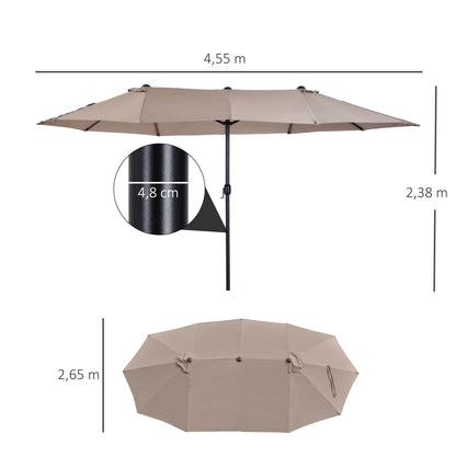 Outsunny Doppelsonnenschirm 455 x 270 cm Gartenschirm mit Handkurbel oval stabil Metallstange Marktschirm Doppelsonnenschirm Terrassenschirm Sonnenschutz für Strand Balkon Terrasse Garten Hellkaffee