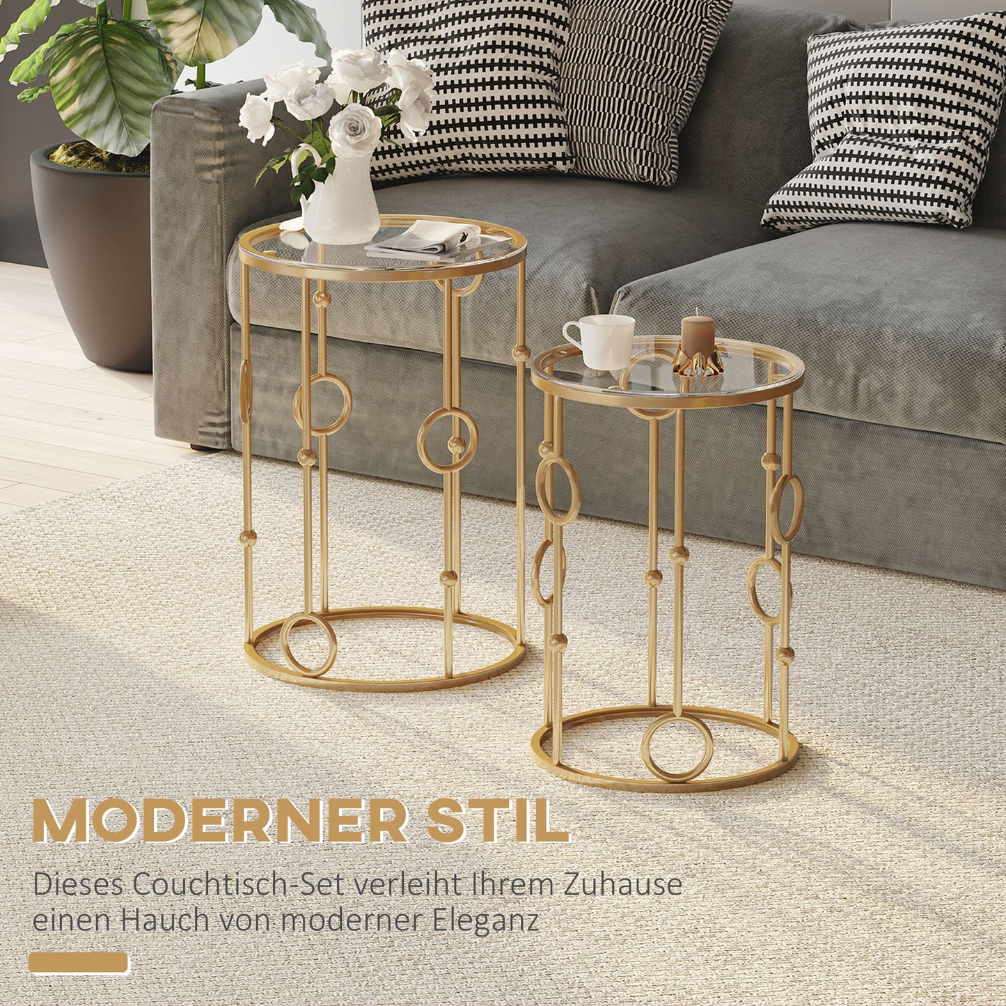 HOMCOM 2er-Set Couchtisch, Beistelltisch mit Glasplatte, Wohnzimmertisch mit Reifen- und Kugeldesign Ø41 x 57 cm, Gold