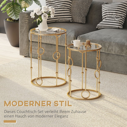 HOMCOM 2er-Set Couchtisch, Beistelltisch mit Glasplatte, Wohnzimmertisch mit Reifen- und Kugeldesign Ø41 x 57 cm, Gold